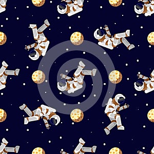 Space print. Flat Funny flying astronaut in space with stars and moon. Seamless pattern