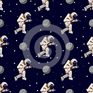 Space print. Seamless pattern Flat Funny flying astronaut in space with stars and moon