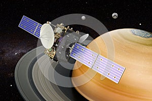 Space probe orbiting Saturn, 3D rendering