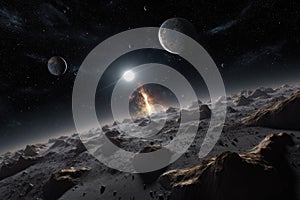 space probe traveling through asteroid belt