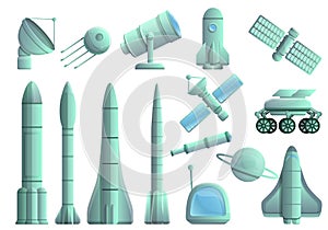 Space research technology icons set, cartoon style