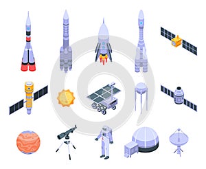 Space research technology icons set, isometric style