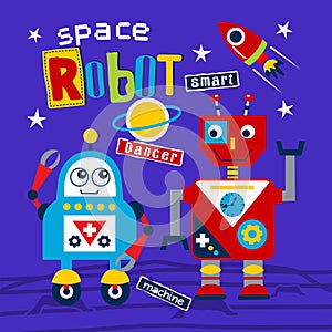 Space robot and rocket funny cartoon,vector illustration