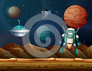 Space robots and ufo explore on planet illustration