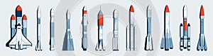Space rocket collection. Flight spaceship with space module, rocket for suborbital flight, space mission and astronomy