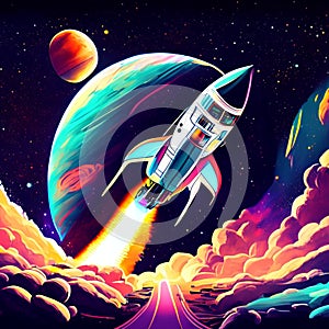 Space rocket flying in outer space with planet and stars. 3d illustration Generative AI