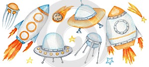 Space rocket, Flying saucer UFO, Spaceship start, cartoon alien set, Space satellite, Unidentified flying object