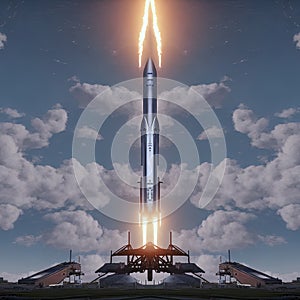 Space rocket flying toward the clouds believable rocket icon .Generative AI