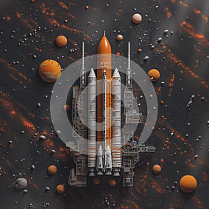 Space rocket with launch complex, conceptual art