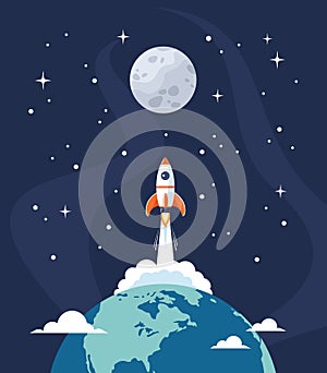 Space rocket launch from Earth globe to Moon, flat vector illustration
