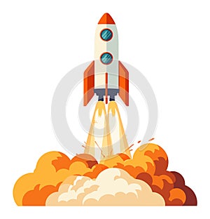 Space rocket launch with fiery boosters. Startup concept with rocketship blasting off. Innovation and exploration vector
