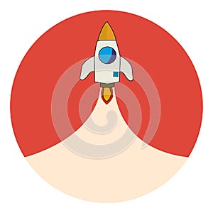 Space rocket launch and flies. Rocketship red background.