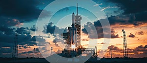 space rocket on launch pad, panoramic shot of the sky and the setting sun in the background