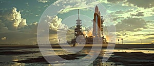 space rocket on launch pad, panoramic shot of the sky and the setting sun in the background