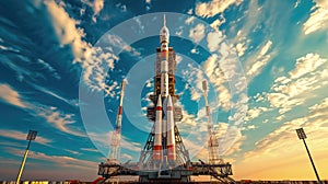 space rocket on launch pad, panoramic shot of the sky and the setting sun in the background