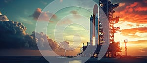 space rocket on launch pad, panoramic shot of the sky and the setting sun in the background