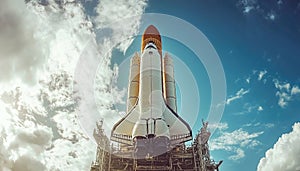space rocket on launch pad, panoramic shot of the sky and the setting sun in the background
