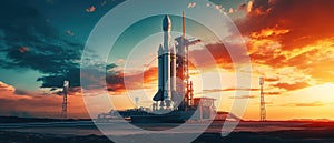 space rocket on launch pad, panoramic shot of the sky and the setting sun in the background