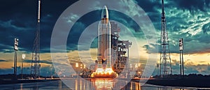 space rocket on launch pad, panoramic shot of the sky and the setting sun in the background