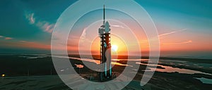 space rocket on launch pad, panoramic shot of the sky and the setting sun in the background