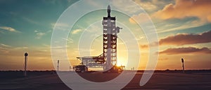 space rocket on launch pad, panoramic shot of the sky and the setting sun in the background