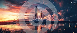 space rocket on launch pad, panoramic shot of the sky and the setting sun in the background