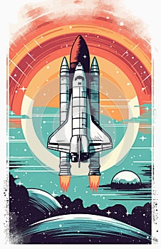 Space rocket launch. Retro style poster