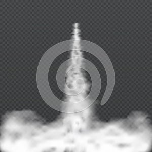 Space rocket launch smoke. Jet smoky trail and foggy clouds. Rocket takeoff contrail isolated vector illustration