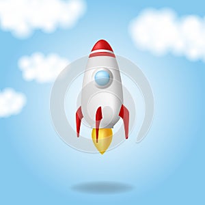 Space rocket launch. Start up concept. Realistic vector illustration. Blue background and clouds. From the rocket to the ground