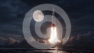 Space Rocket Launch to the Moon at Night