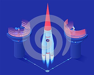 Space rocket launch vector isometric illustration. Space station workers, engineers monitoring 3d shuttle liftoff