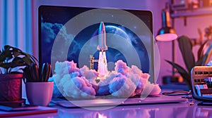 Space rocket launching from laptop screen, merging virtual & real worlds, Ai Generated