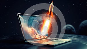 Space rocket launching from a laptop screen in a virtual space journey. Ai Generated