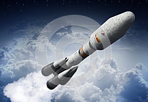 Space rocket leaves Earth`s atmosphere. 3D illustration