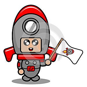 Space rocket mascot costume holding flag