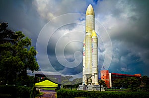 Space rocket monument inside Guiana Space Centre, Kourou, French Guiana