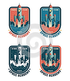 Space rocket retro badge with launch rocket