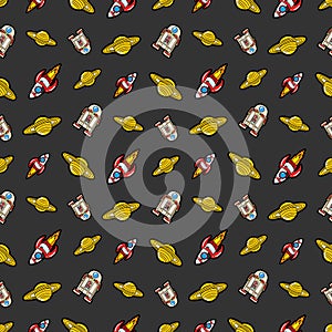 Space Rocket Robots and Saturn Seamless Pattern