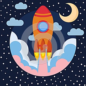 Space rocket ship in round piece with Moon and clouds. Space rocket launch. Project startup and development process concept.