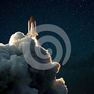 Space rocket shuttle takes off into the starry sky, Spaceship explores space.