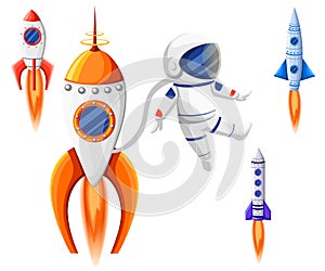 Space Rocket Start Up and Launch Symbol New Businesses Innovation Development Flat Design Icons Set Template Vector Illustration.