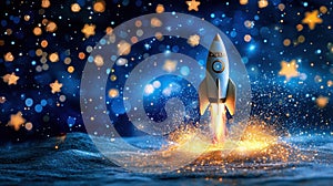 Space rocket takes off from mobile device with smoke, creative idea. Application startup. optimization, and Acceleration