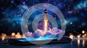 Space rocket takes off from startup. device with mobile creative idea. Application and optimization, concept