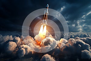 Space rocket taking off into the sky. 3d illustration. Elements of this image furnished by NASA