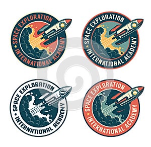 Space rocket vintage badge. Spaceship launch retro emblem