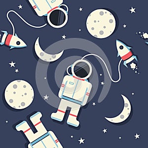 Space rockets, astronauts, moon and stars, colorful seamless pattern