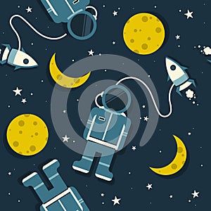 Space rockets, astronauts, moon and stars, colorful seamless pattern