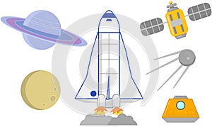 Space rockets, satellites and planets vector illustration