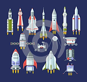 Space rockets and spaceships set. Futuristic technology flying aerospace cosmic shuttle for interstellar travel exploring universe