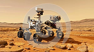 Space rover in red desert, futuristic wheel robot explores surface of planet, unmanned vehicle with photo and video cameras.